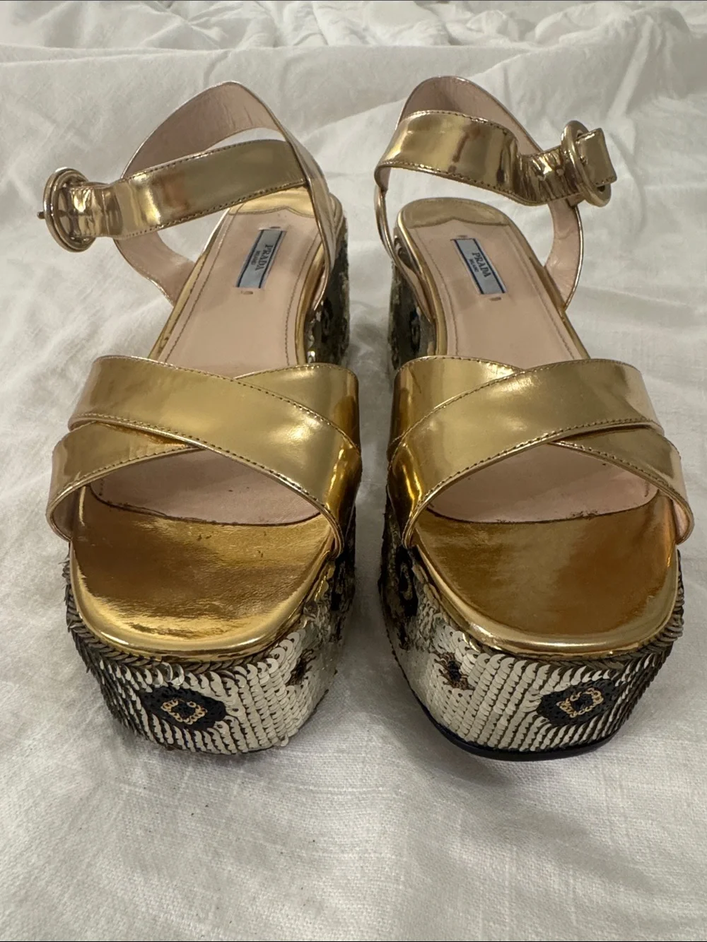 Prada Gold Sequined Platform Sandals with Black Motif